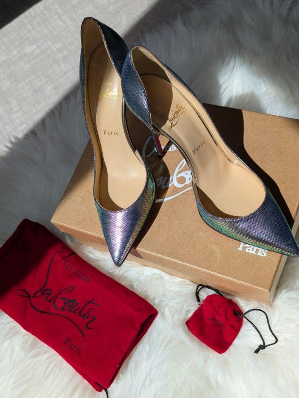 Christian Louboutin Iriza Iridescent Half-d'Orsay Red Sole Pumps SIZE 38.5
